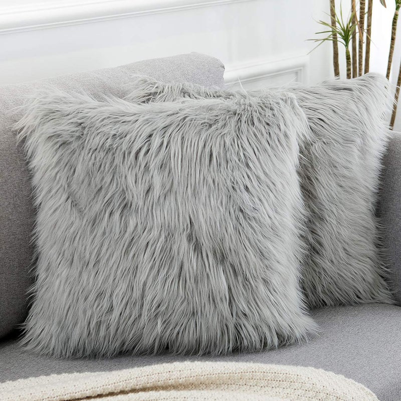 WLNUI Set of 2 Light Grey Decorative Fluffy Pillow Covers New Luxury Series Merino Style Faux Fur Throw Pillow Covers Square Fuzzy Cushion Case Spring Easter Home Decor 16x16 Inch - Image 1